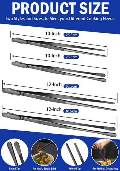 JETKONG 4 Pcs Kitchen Tweezers, 12'' and 10'' Stainless Steel Cooking Tweezers Set, High-Precision Tweezers Tongs for Cooking, Repairing, Seafood and BBQ (Black) - CookCave