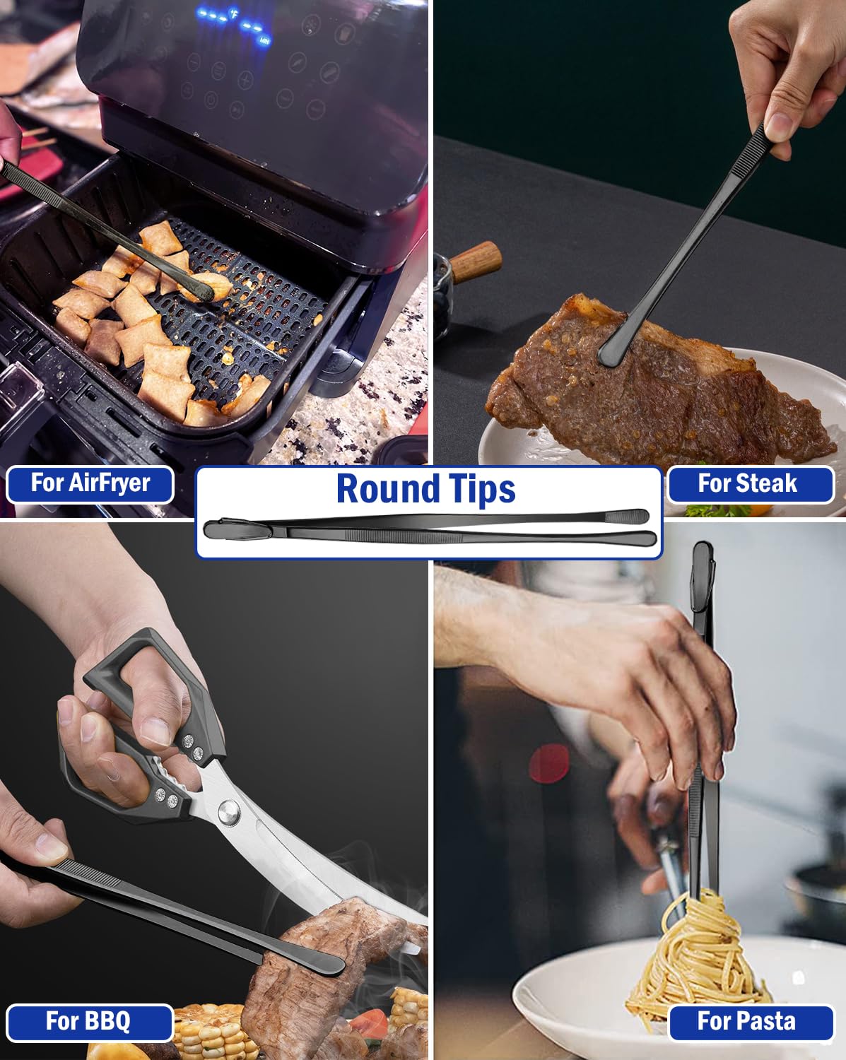 JETKONG 4 Pcs Kitchen Tweezers, 12'' and 10'' Stainless Steel Cooking Tweezers Set, High-Precision Tweezers Tongs for Cooking, Repairing, Seafood and BBQ (Black) - CookCave