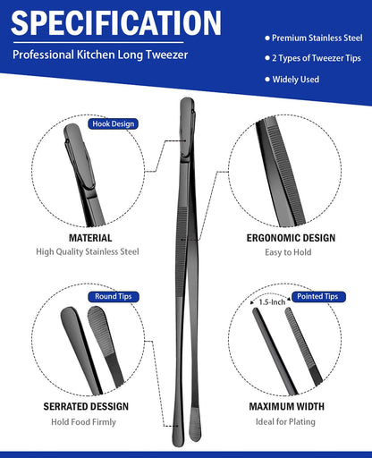 JETKONG 4 Pcs Kitchen Tweezers, 12'' and 10'' Stainless Steel Cooking Tweezers Set, High-Precision Tweezers Tongs for Cooking, Repairing, Seafood and BBQ (Black) - CookCave