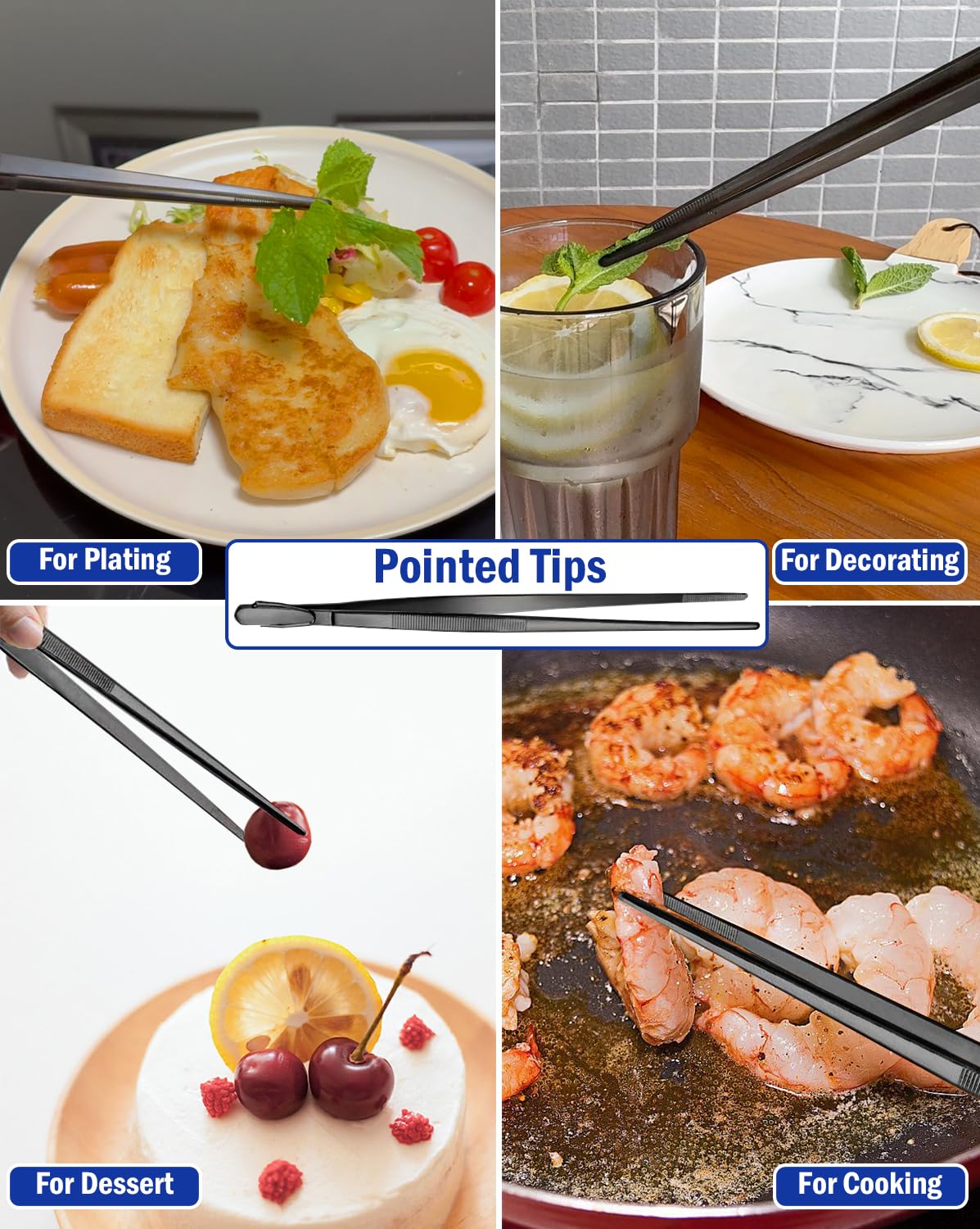 JETKONG 4 Pcs Kitchen Tweezers, 12'' and 10'' Stainless Steel Cooking Tweezers Set, High-Precision Tweezers Tongs for Cooking, Repairing, Seafood and BBQ (Black) - CookCave