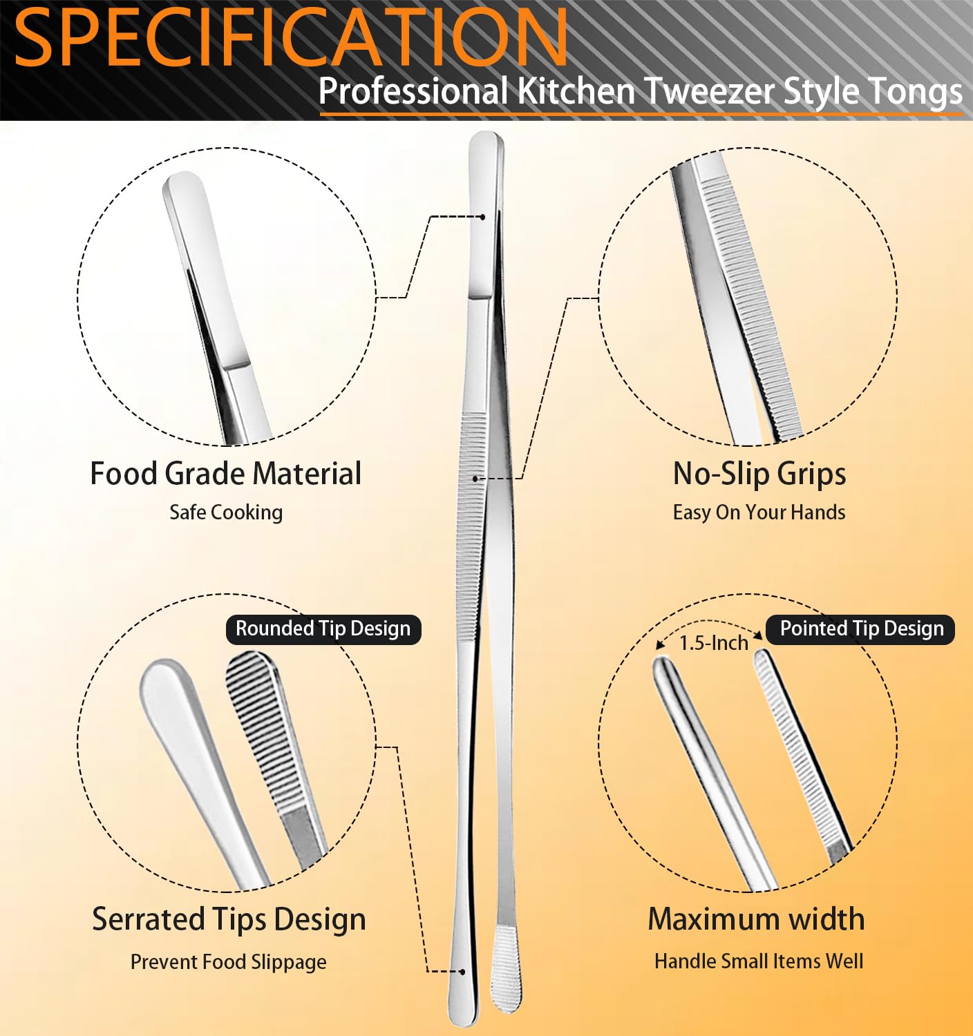 JETKONG 6 Pcs Cooking Tweezer Tongs, 12'' and 6.3" Stainless Steel Kitchen Tweezer Set, Professional Chef Tweezers for Cooking, Repairing, Sea Food, BBQ, Multi-use - CookCave