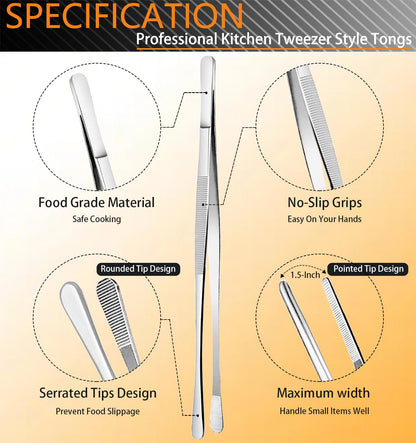 JETKONG 6 Pcs Cooking Tweezer Tongs, 12'' and 6.3" Stainless Steel Kitchen Tweezer Set, Professional Chef Tweezers for Cooking, Repairing, Sea Food, BBQ, Multi-use - CookCave