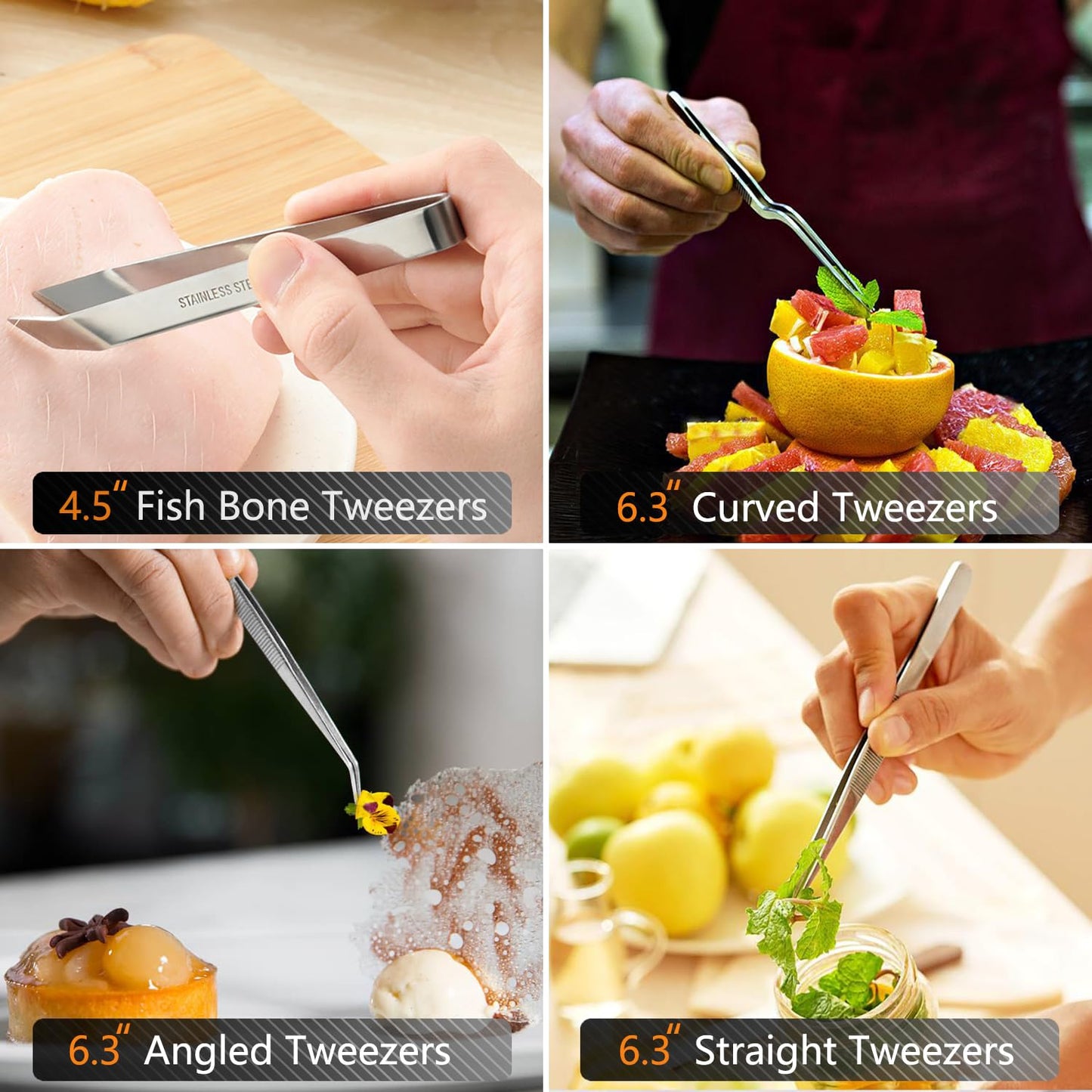JETKONG 6 Pcs Cooking Tweezer Tongs, 12'' and 6.3" Stainless Steel Kitchen Tweezer Set, Professional Chef Tweezers for Cooking, Repairing, Sea Food, BBQ, Multi-use - CookCave