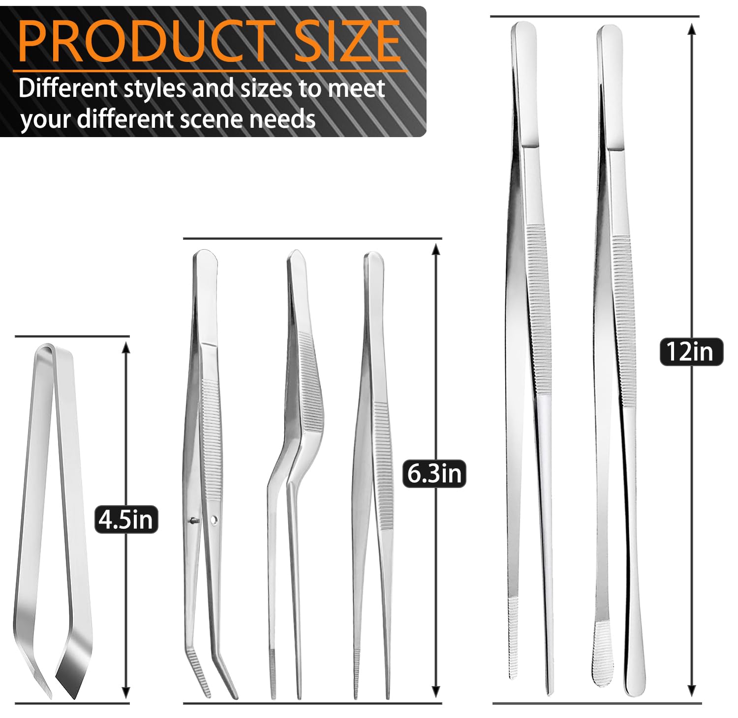 JETKONG 6 Pcs Cooking Tweezer Tongs, 12'' and 6.3" Stainless Steel Kitchen Tweezer Set, Professional Chef Tweezers for Cooking, Repairing, Sea Food, BBQ, Multi-use - CookCave