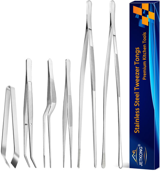 JETKONG 6 Pcs Cooking Tweezer Tongs, 12'' and 6.3" Stainless Steel Kitchen Tweezer Set, Professional Chef Tweezers for Cooking, Repairing, Sea Food, BBQ, Multi-use - CookCave