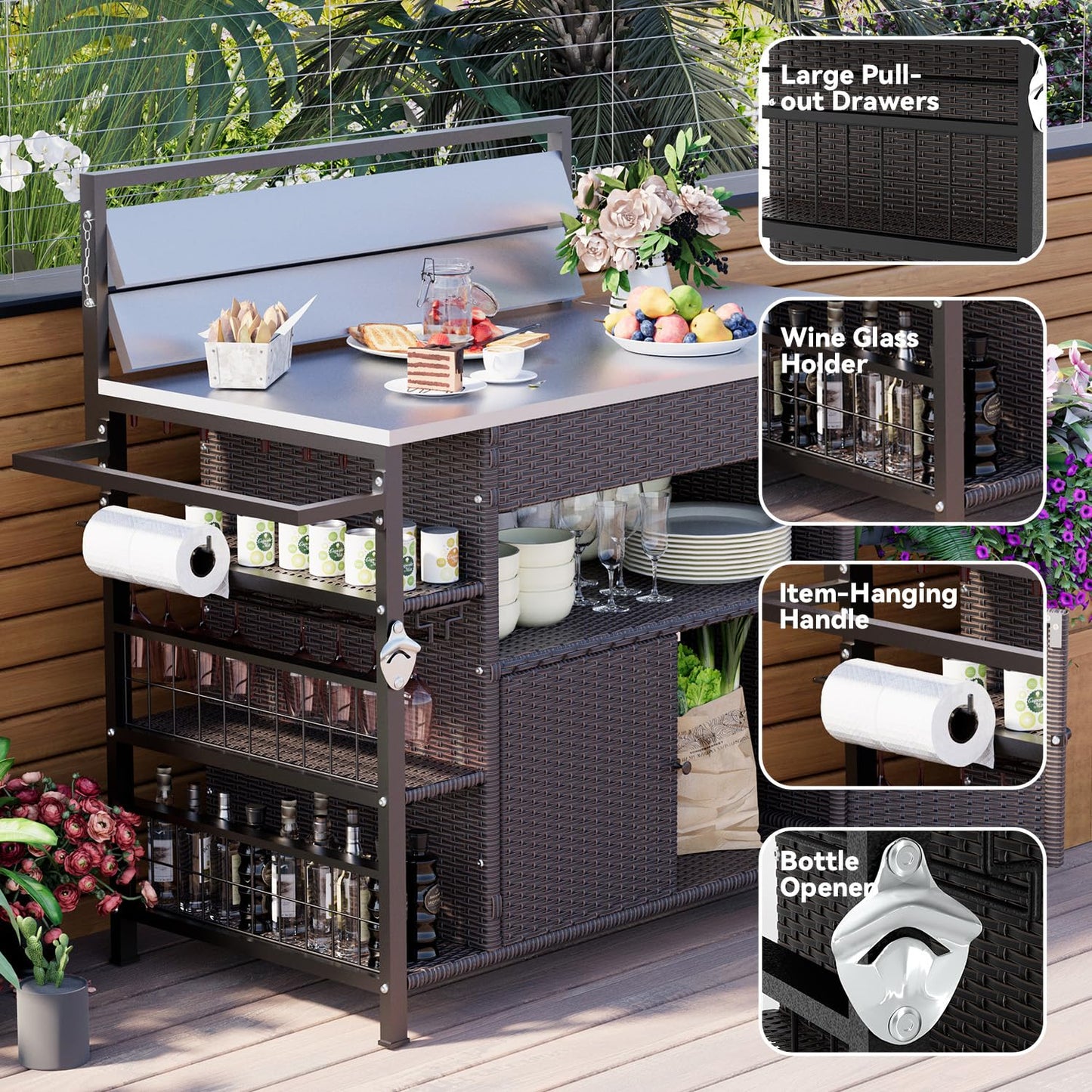 JFHID Outdoor Grill Cart with Storage Kitchen Island Bar Cart, Wheels and Stainless Steel Extended Prep Grill Table-Top BBQ Pizza Charcuterie Cart for Patio, Outside, Poolside - CookCave