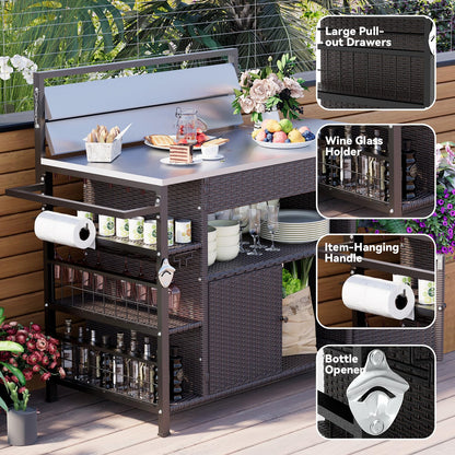 JFHID Outdoor Grill Cart with Storage Kitchen Island Bar Cart, Wheels and Stainless Steel Extended Prep Grill Table-Top BBQ Pizza Charcuterie Cart for Patio, Outside, Poolside - CookCave