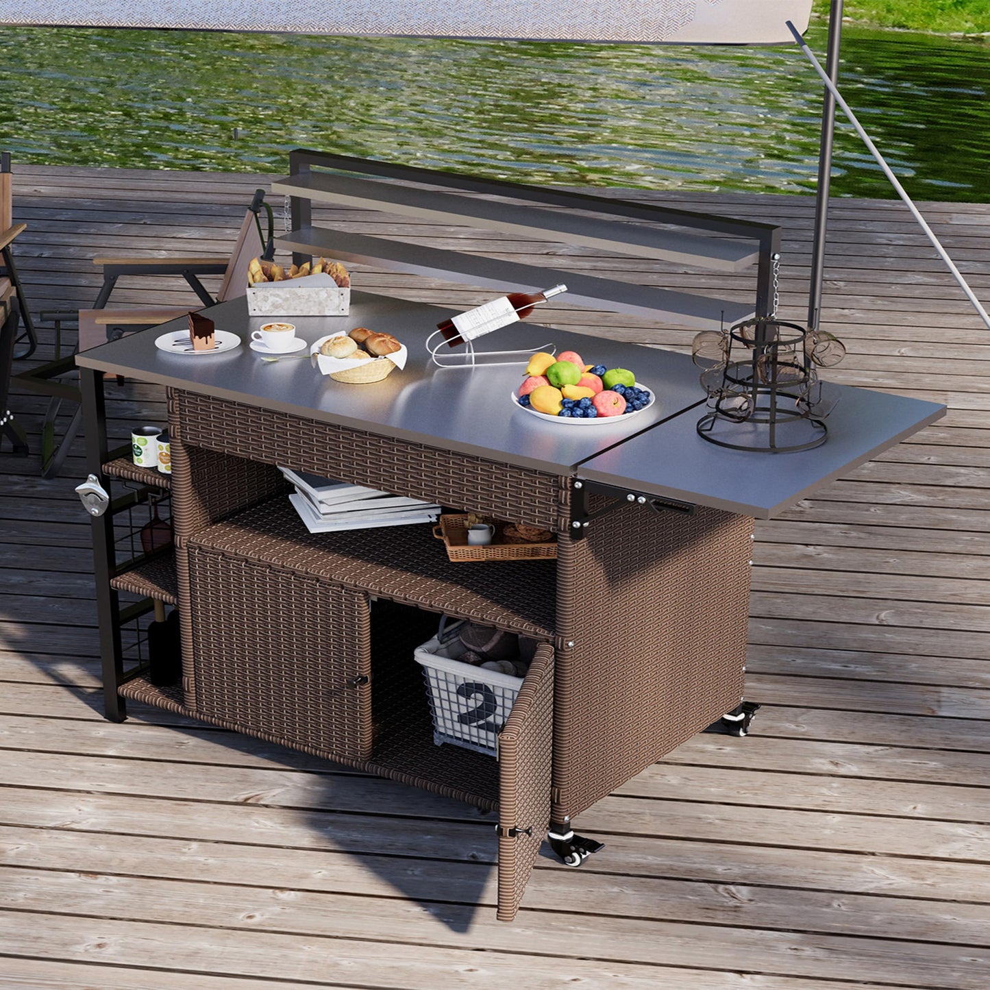 JFHID Outdoor Grill Cart with Storage Kitchen Island Bar Cart, Wheels and Stainless Steel Extended Prep Grill Table-Top BBQ Pizza Charcuterie Cart for Patio, Outside, Poolside - CookCave