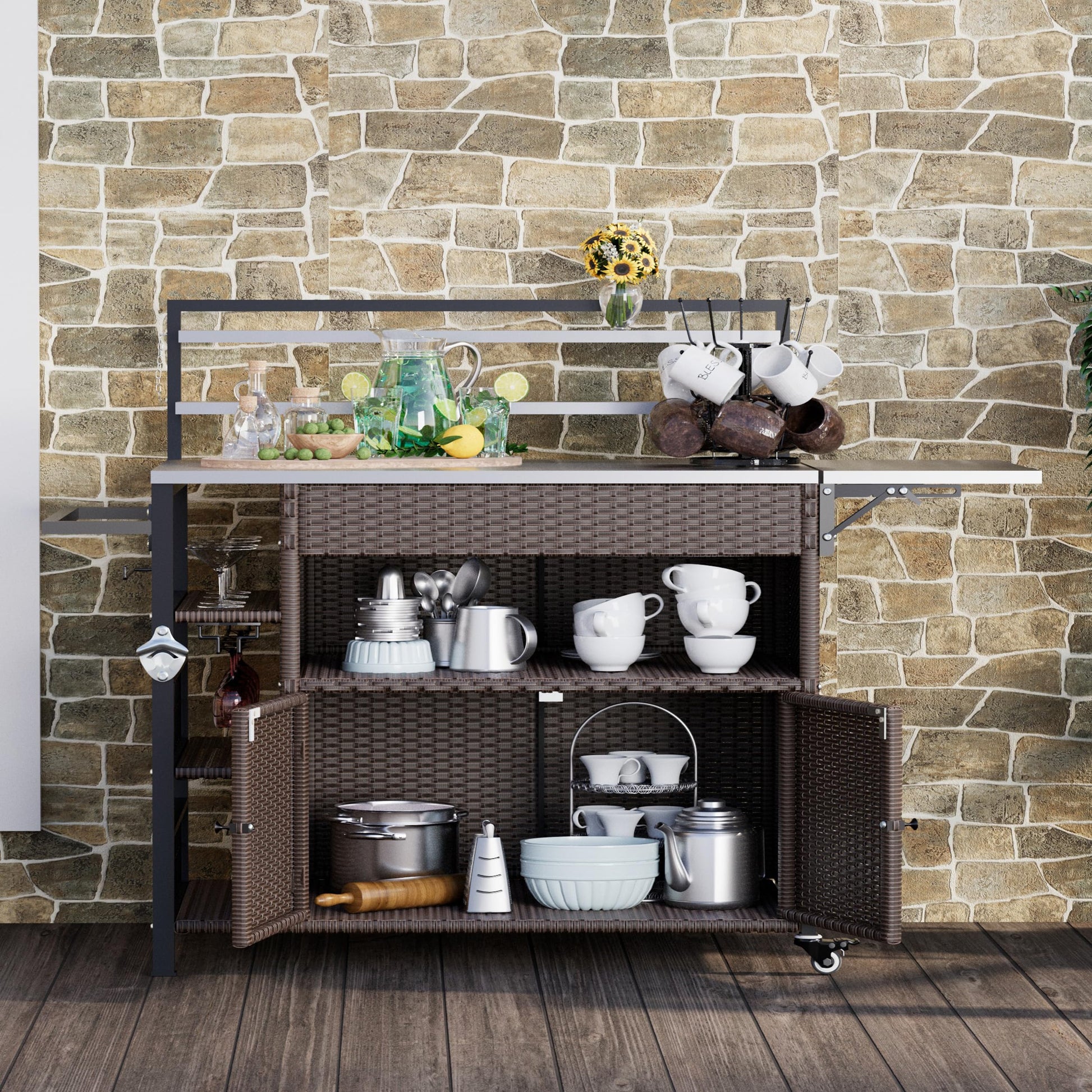 JFHID Outdoor Grill Cart with Storage Kitchen Island Bar Cart, Wheels and Stainless Steel Extended Prep Grill Table-Top BBQ Pizza Charcuterie Cart for Patio, Outside, Poolside - CookCave