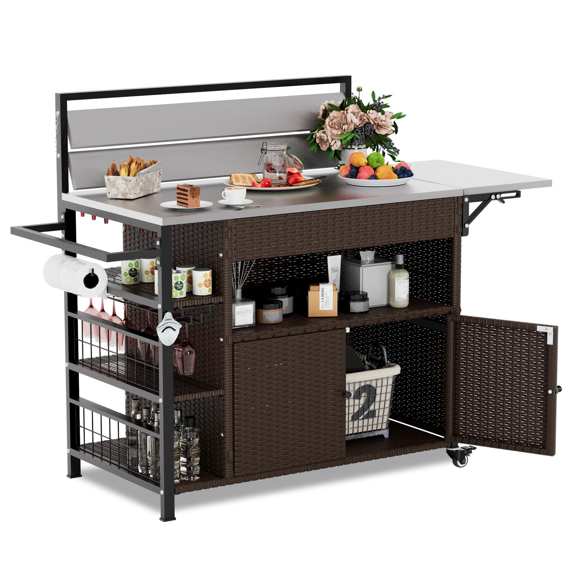 JFHID Outdoor Grill Cart with Storage Kitchen Island Bar Cart, Wheels and Stainless Steel Extended Prep Grill Table-Top BBQ Pizza Charcuterie Cart for Patio, Outside, Poolside - CookCave