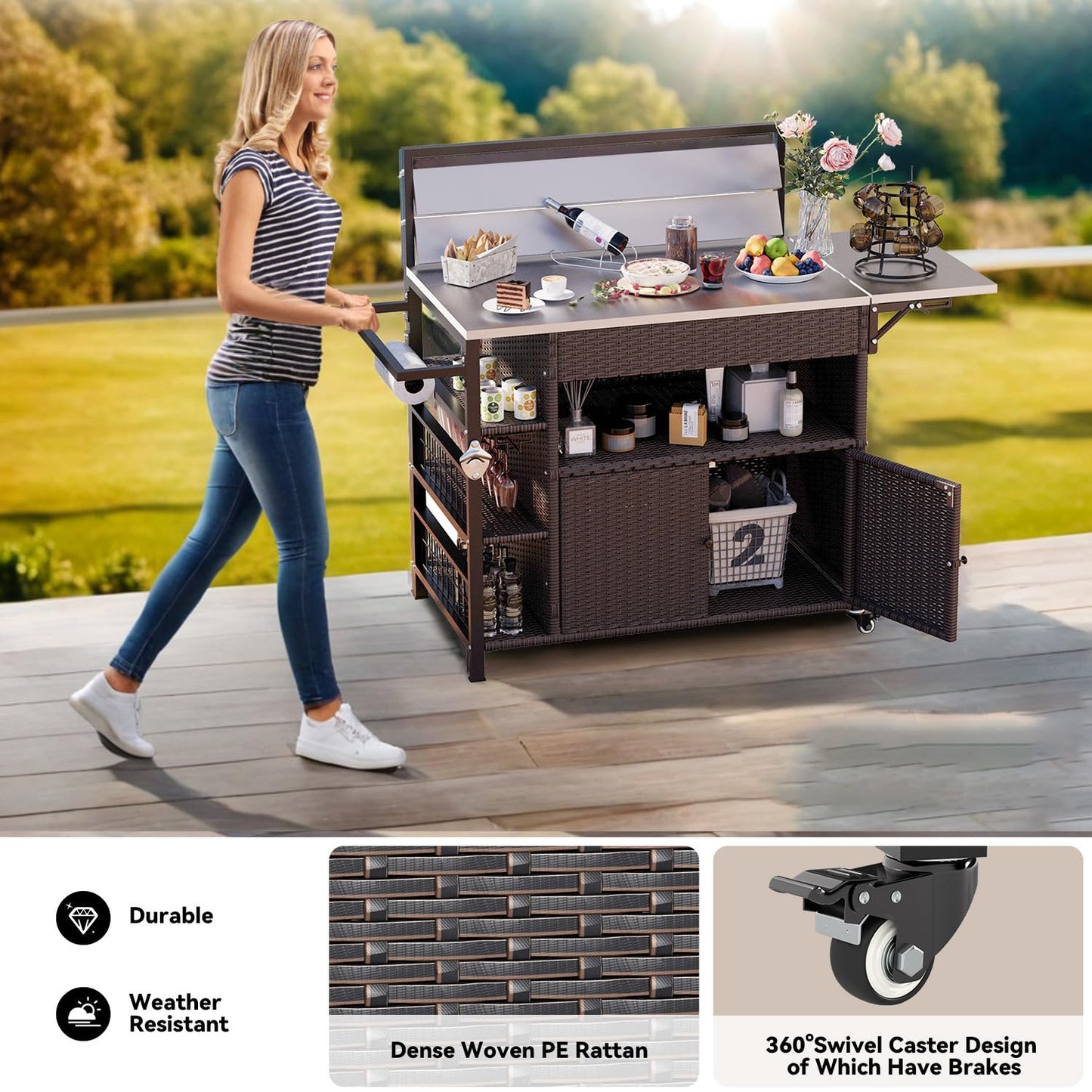 JFHID Outdoor Grill Cart with Storage Kitchen Island Bar Cart, Wheels and Stainless Steel Extended Prep Grill Table-Top BBQ Pizza Charcuterie Cart for Patio, Outside, Poolside - CookCave