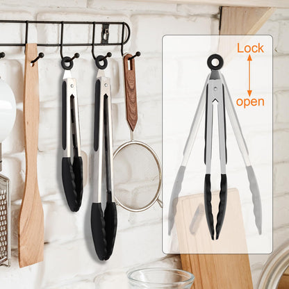 JIDSPWLS Premium Stainless Steel Heat Resistant Kitchen Tongs for cooking,set of 9" and 12" (Black),Non Scratch Silicone cooking Tongs Tip for Cooking Pans,Strong Grip BBQ tongs for Grabbing Hot Food - CookCave