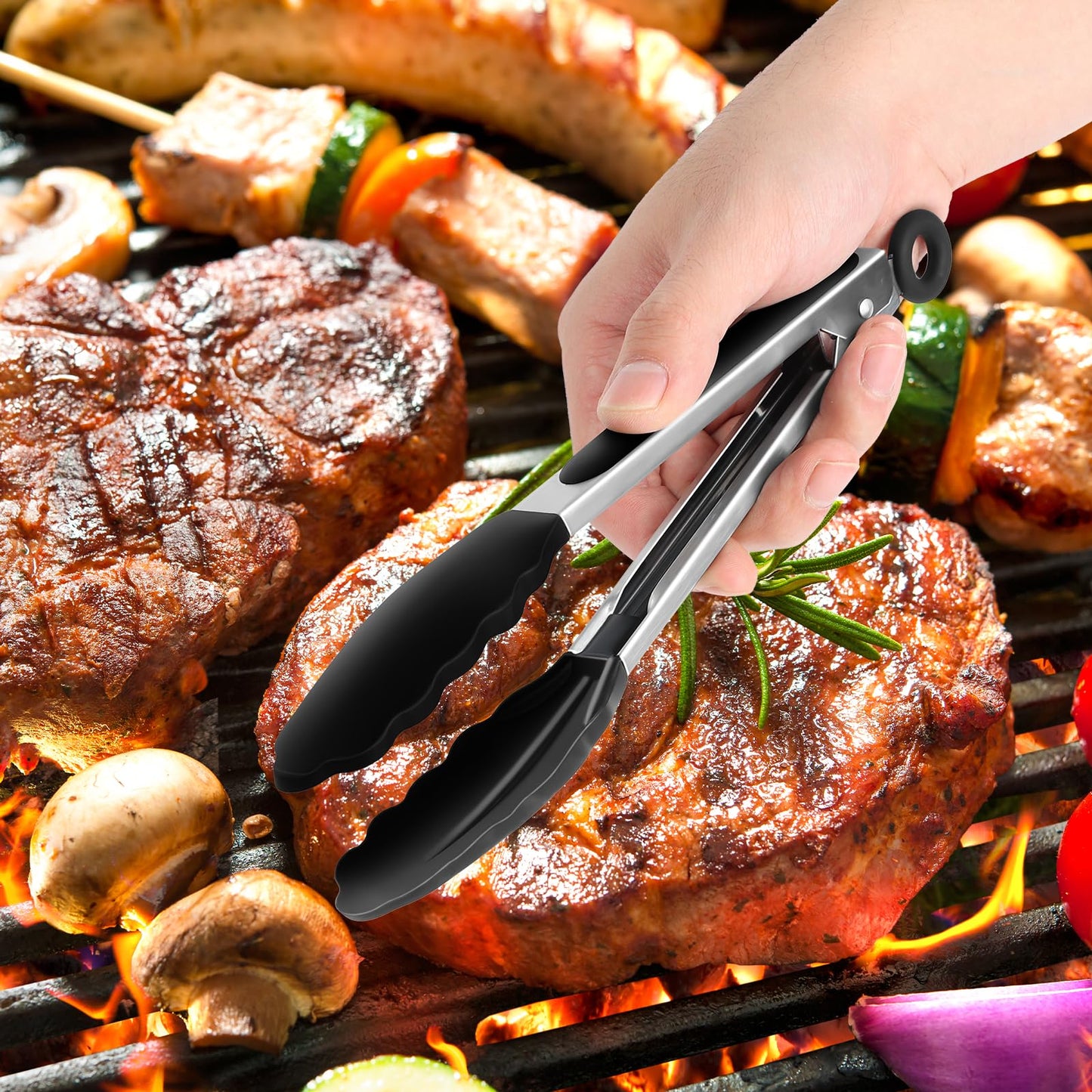 JIDSPWLS Premium Stainless Steel Heat Resistant Kitchen Tongs for cooking,set of 9" and 12" (Black),Non Scratch Silicone cooking Tongs Tip for Cooking Pans,Strong Grip BBQ tongs for Grabbing Hot Food - CookCave