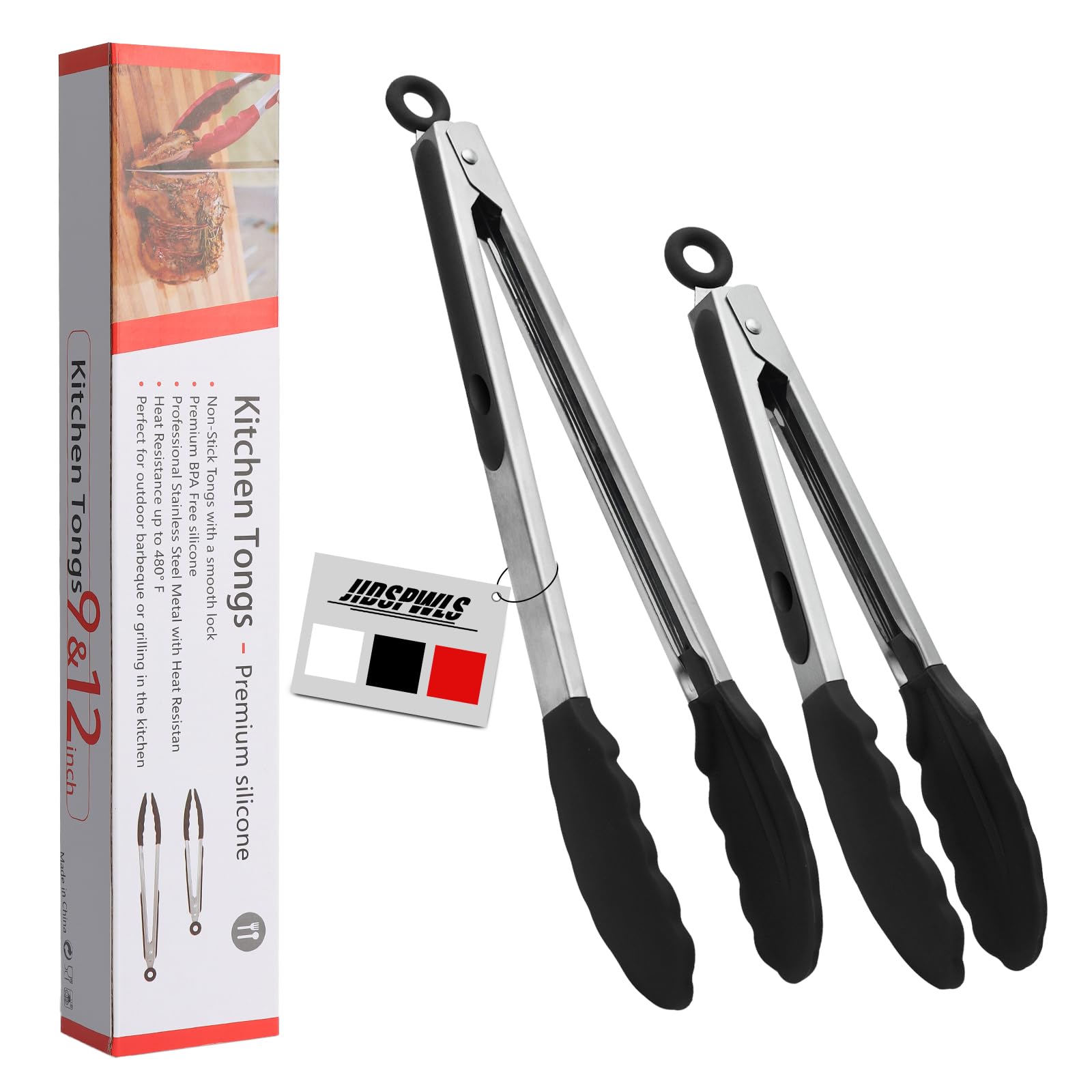JIDSPWLS Premium Stainless Steel Heat Resistant Kitchen Tongs for cooking,set of 9" and 12" (Black),Non Scratch Silicone cooking Tongs Tip for Cooking Pans,Strong Grip BBQ tongs for Grabbing Hot Food - CookCave