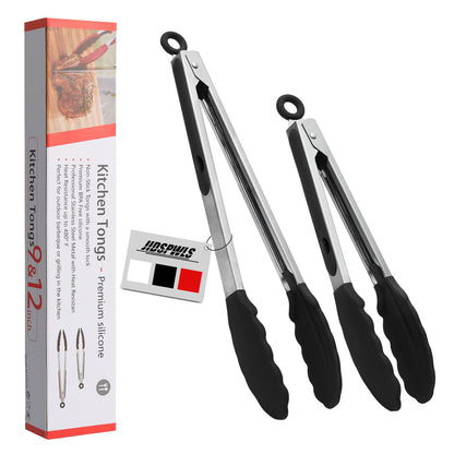 JIDSPWLS Premium Stainless Steel Heat Resistant Kitchen Tongs for cooking,set of 9" and 12" (Black),Non Scratch Silicone cooking Tongs Tip for Cooking Pans,Strong Grip BBQ tongs for Grabbing Hot Food - CookCave