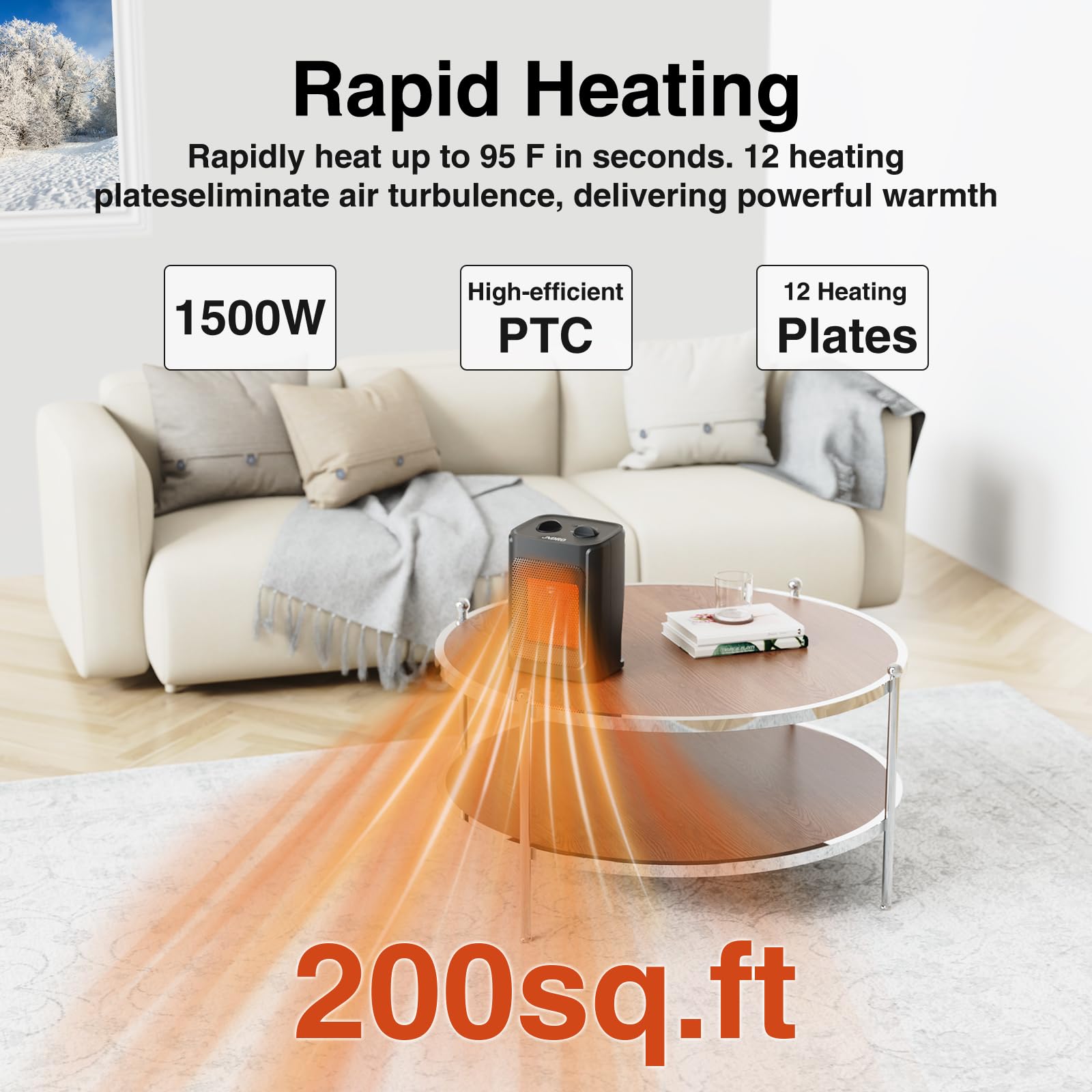 JNDRO Portable Electric Space Heater - 1500W/750W Quiet Ceramic mini Heater Fan with Thermostat, Heat Up 200 Square Feet for Room Office Desk Indoor Use - CookCave