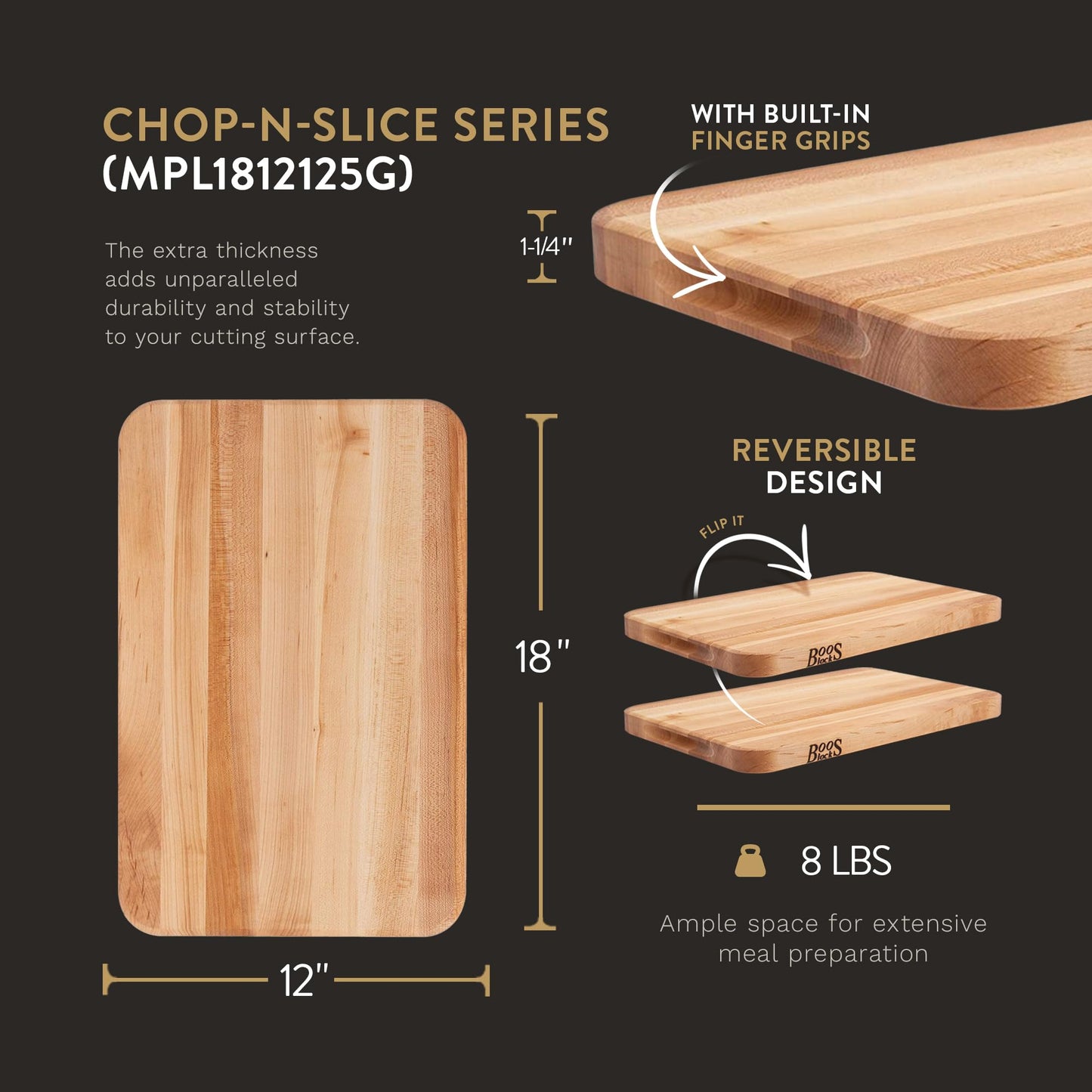 John Boos Boos Block Chop-N-Slice Series Reversible Wood Cutting Board with Integrated Finger Grips, 1.25-Inch Thickness, 18" x 12" x 1 1/4", Maple - CookCave
