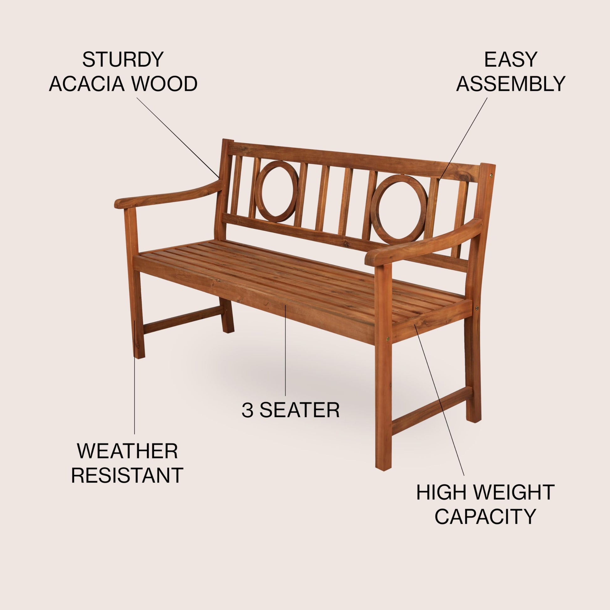 JONATHAN Y BNH104A Apollo 51.2" 3-Seat Circle-Back 600-Lbs Support Acacia Wood Outdoor Garden Patio Bench for Garden, Lawn, Backyard, Pool, Deck, Beach, Firepit, Teak - CookCave
