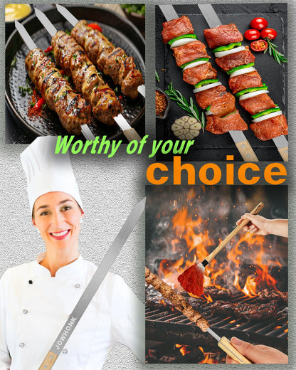 JOWHONK 23.5" Long Kabob Skewers,1 Inch Wide 304 Stainless Steel Barbecue Skewers for Grilling with Wooden Handle,Metal Flat BBQ Skewer for Koubideh Brazilian Shish Kebab Skewer(8),BBQ Mop Brush(1) - CookCave