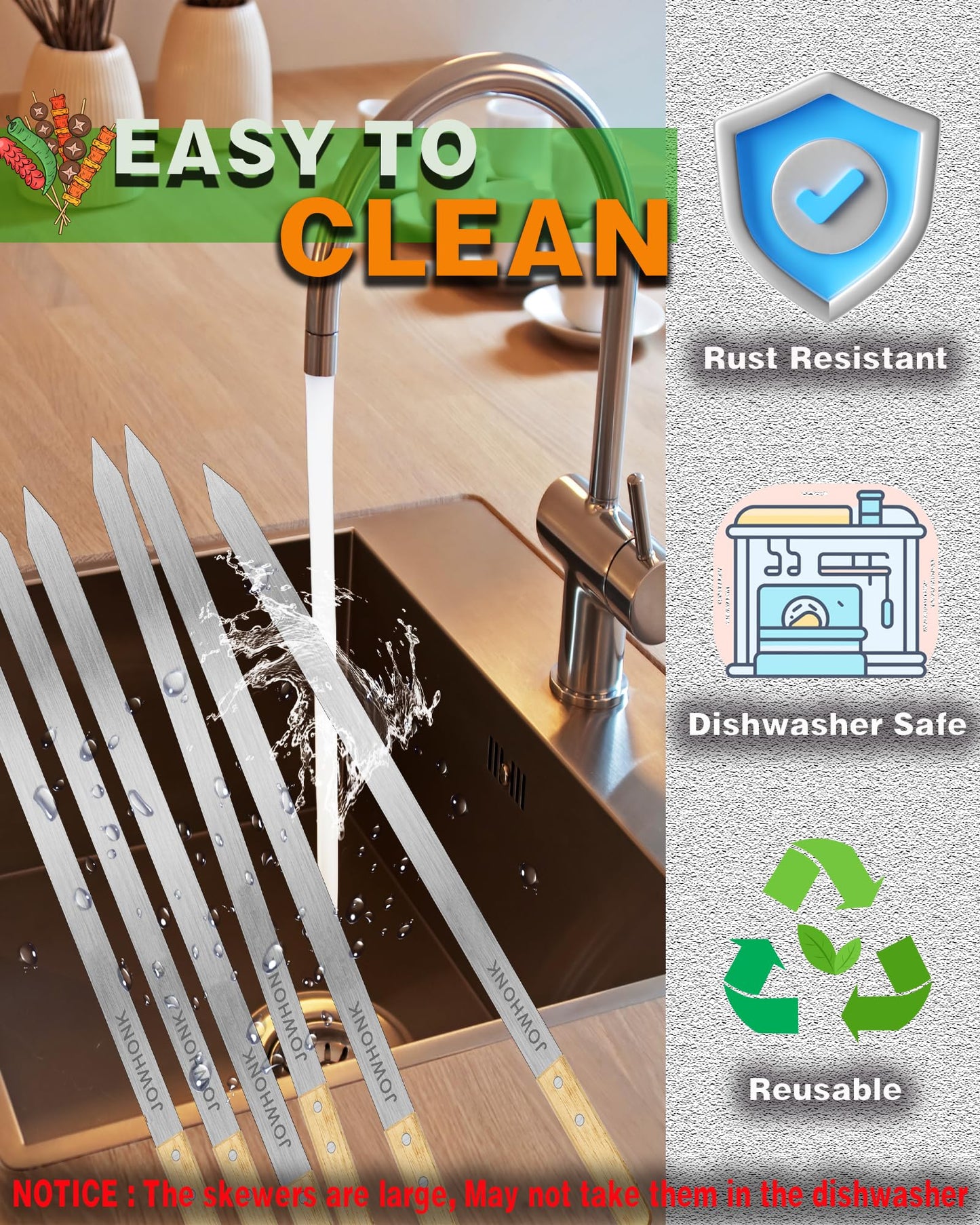 JOWHONK 23.5" Long Kabob Skewers,1 Inch Wide 304 Stainless Steel Barbecue Skewers for Grilling with Wooden Handle,Metal Flat BBQ Skewer for Koubideh Brazilian Shish Kebab Skewer(8),BBQ Mop Brush(1) - CookCave