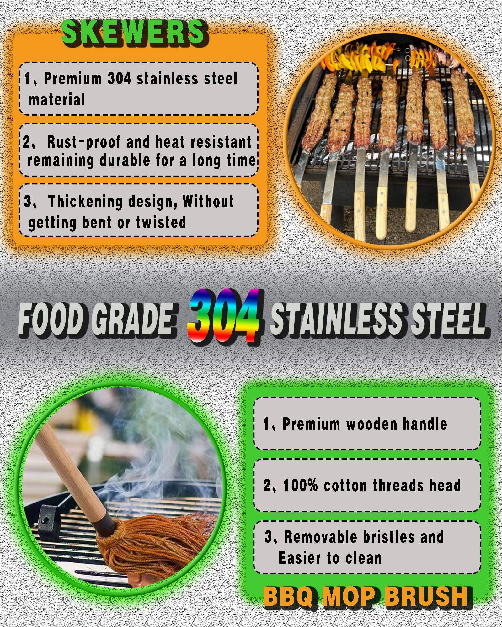 JOWHONK 23.5" Long Kabob Skewers,1 Inch Wide 304 Stainless Steel Barbecue Skewers for Grilling with Wooden Handle,Metal Flat BBQ Skewer for Koubideh Brazilian Shish Kebab Skewer(8),BBQ Mop Brush(1) - CookCave