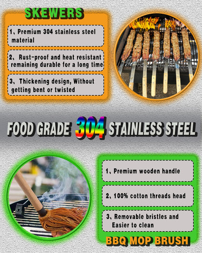 JOWHONK 23.5" Long Kabob Skewers,1 Inch Wide 304 Stainless Steel Barbecue Skewers for Grilling with Wooden Handle,Metal Flat BBQ Skewer for Koubideh Brazilian Shish Kebab Skewer(8),BBQ Mop Brush(1) - CookCave