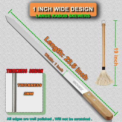 JOWHONK 23.5" Long Kabob Skewers,1 Inch Wide 304 Stainless Steel Barbecue Skewers for Grilling with Wooden Handle,Metal Flat BBQ Skewer for Koubideh Brazilian Shish Kebab Skewer(8),BBQ Mop Brush(1) - CookCave