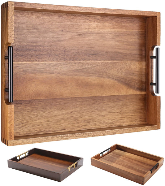 Joy&Grace Acacia Wooden Tray with Metal Handles Large Wood Serving Tray Decorative Ottoman Coffee Table Tray for Living Room Kitchen Food Tray for Bed Breakfast Dinner (Natural, 17" x 13") - CookCave