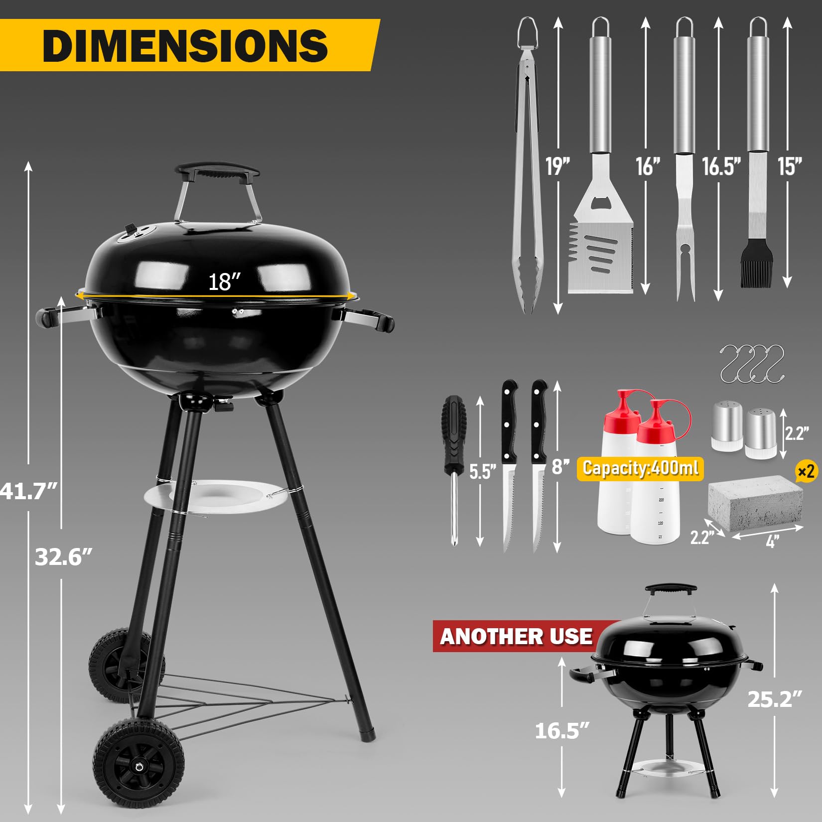Joyfair 18In Charcoal Grill Set(18Pcs), Outdoor Camping Kettle Barbecue Grill & Grilling Accessories, Include Spatula, Food Tong, Brush and More Tool, 250.SQ.IN Cooking Area, Heavy Duty & Portable - CookCave