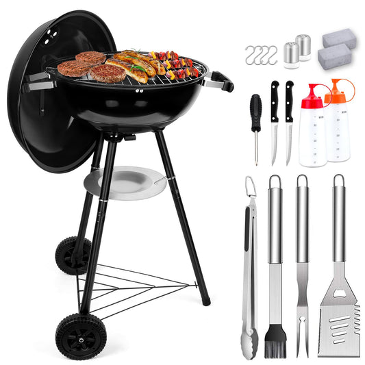 Joyfair 18In Charcoal Grill Set(18Pcs), Outdoor Camping Kettle Barbecue Grill & Grilling Accessories, Include Spatula, Food Tong, Brush and More Tool, 250.SQ.IN Cooking Area, Heavy Duty & Portable - CookCave