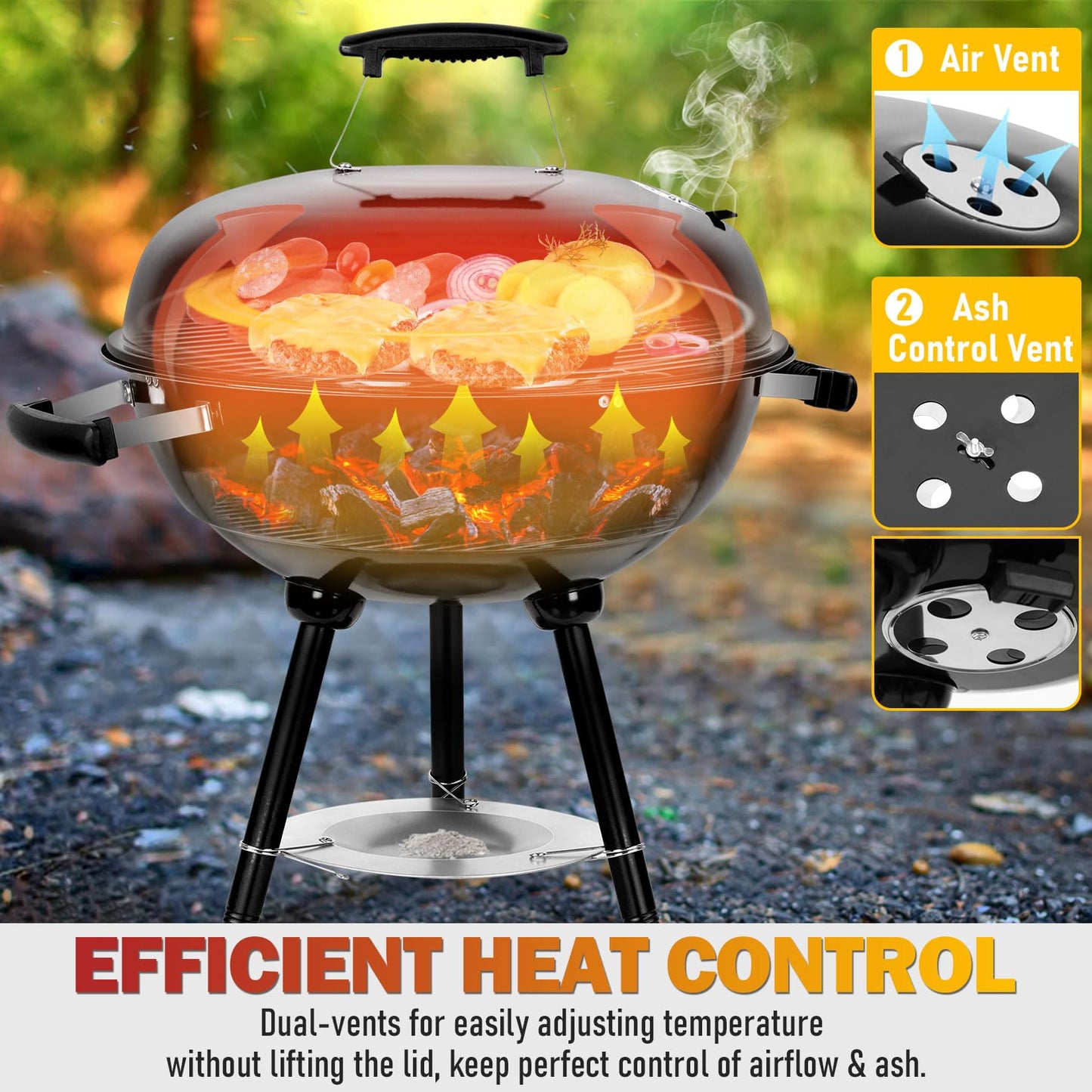 Joyfair 18In Charcoal Grill Set(18Pcs), Outdoor Camping Kettle Barbecue Grill & Grilling Accessories, Include Spatula, Food Tong, Brush and More Tool, 250.SQ.IN Cooking Area, Heavy Duty & Portable - CookCave