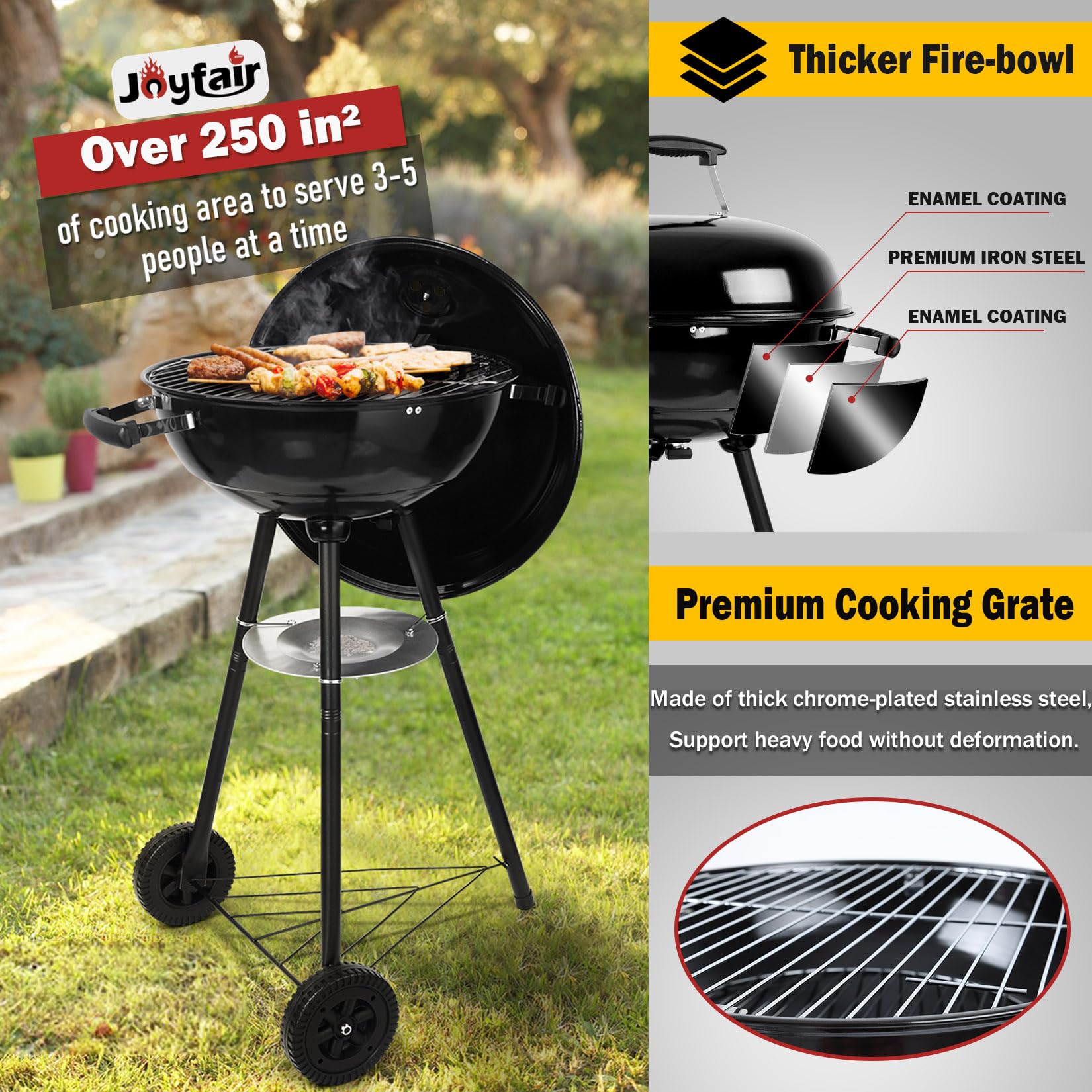 Joyfair 18In Charcoal Grill Set(18Pcs), Outdoor Camping Kettle Barbecue Grill & Grilling Accessories, Include Spatula, Food Tong, Brush and More Tool, 250.SQ.IN Cooking Area, Heavy Duty & Portable - CookCave