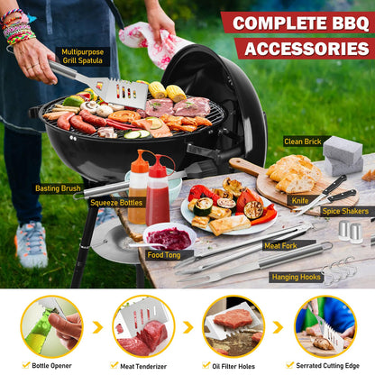 Joyfair 18In Charcoal Grill Set(18Pcs), Outdoor Camping Kettle Barbecue Grill & Grilling Accessories, Include Spatula, Food Tong, Brush and More Tool, 250.SQ.IN Cooking Area, Heavy Duty & Portable - CookCave