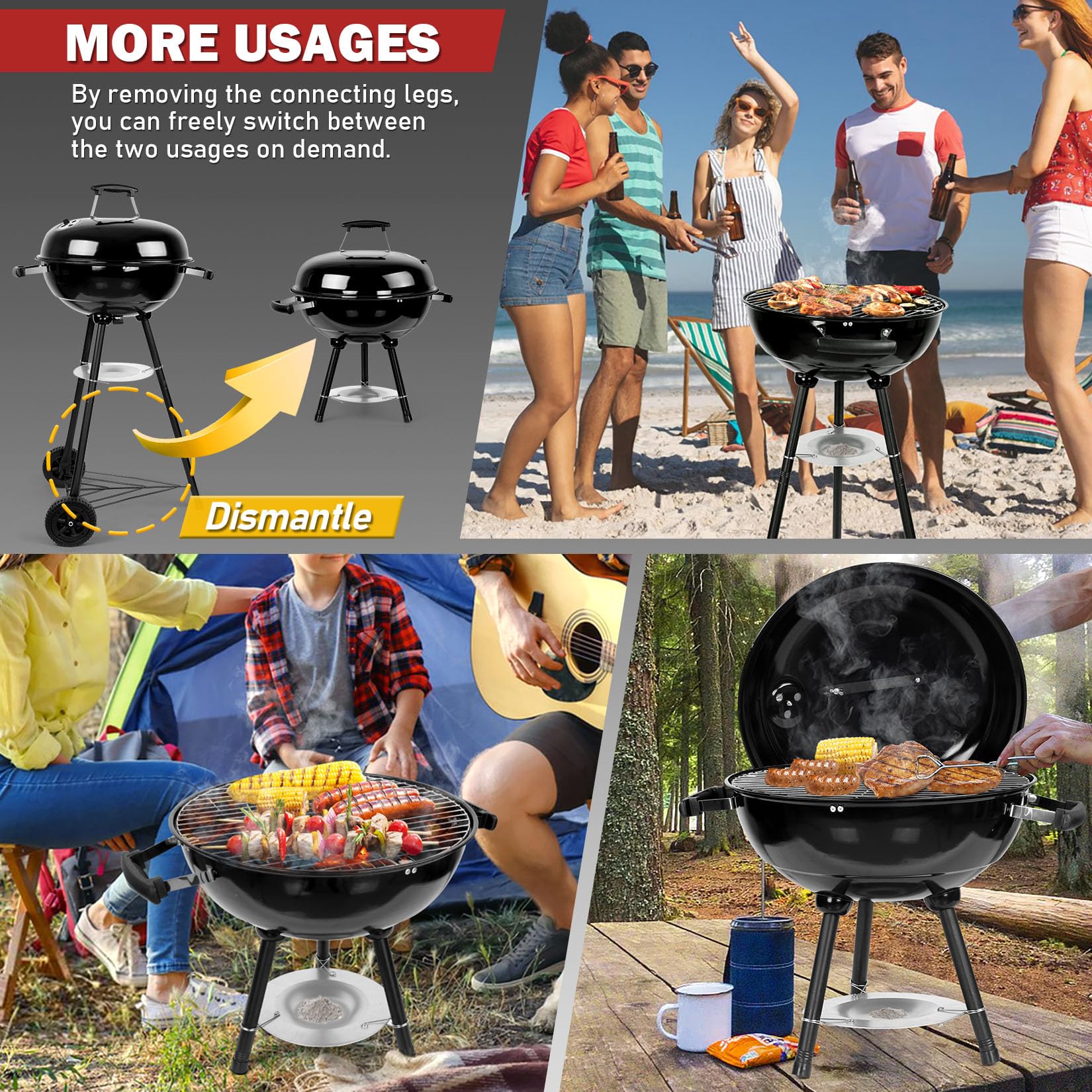 Joyfair 18In Charcoal Grill Set(18Pcs), Outdoor Camping Kettle Barbecue Grill & Grilling Accessories, Include Spatula, Food Tong, Brush and More Tool, 250.SQ.IN Cooking Area, Heavy Duty & Portable - CookCave