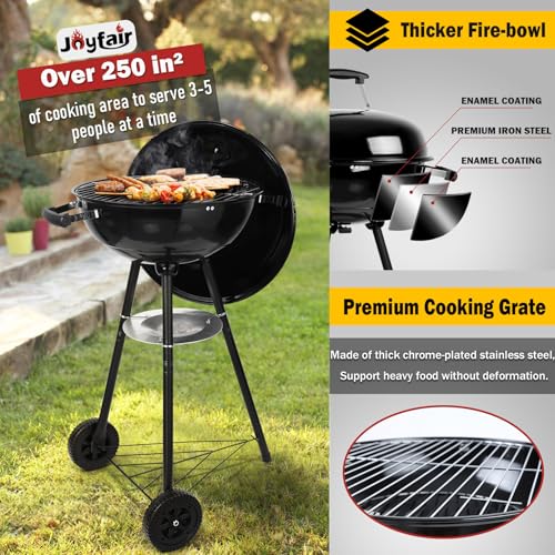 Joyfair Kettle Charcoal Grill (18 Inch), Outdoor Barbecue Grill for Camping/Backyard/Tabletop Grilling, Portable Round Smoker with Wheels, Enameled Lid & Fire Bowl, Dual Venting System, Black - CookCave