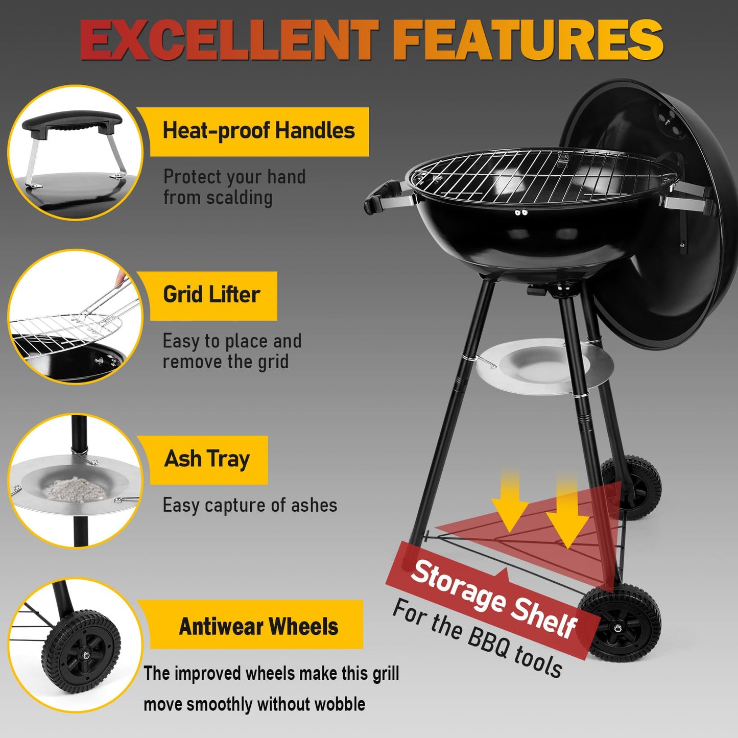 Joyfair Kettle Charcoal Grill (18 Inch), Outdoor Barbecue Grill for Camping/Backyard/Tabletop Grilling, Portable Round Smoker with Wheels, Enameled Lid & Fire Bowl, Dual Venting System, Black - CookCave