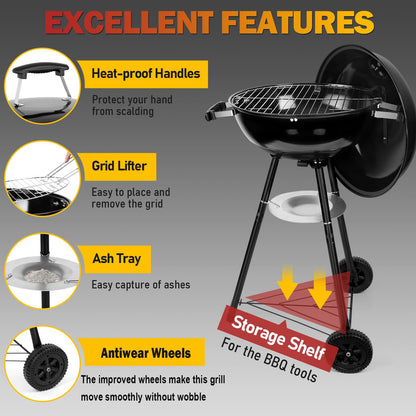 Joyfair Kettle Charcoal Grill (18 Inch), Outdoor Barbecue Grill for Camping/Backyard/Tabletop Grilling, Portable Round Smoker with Wheels, Enameled Lid & Fire Bowl, Dual Venting System, Black - CookCave