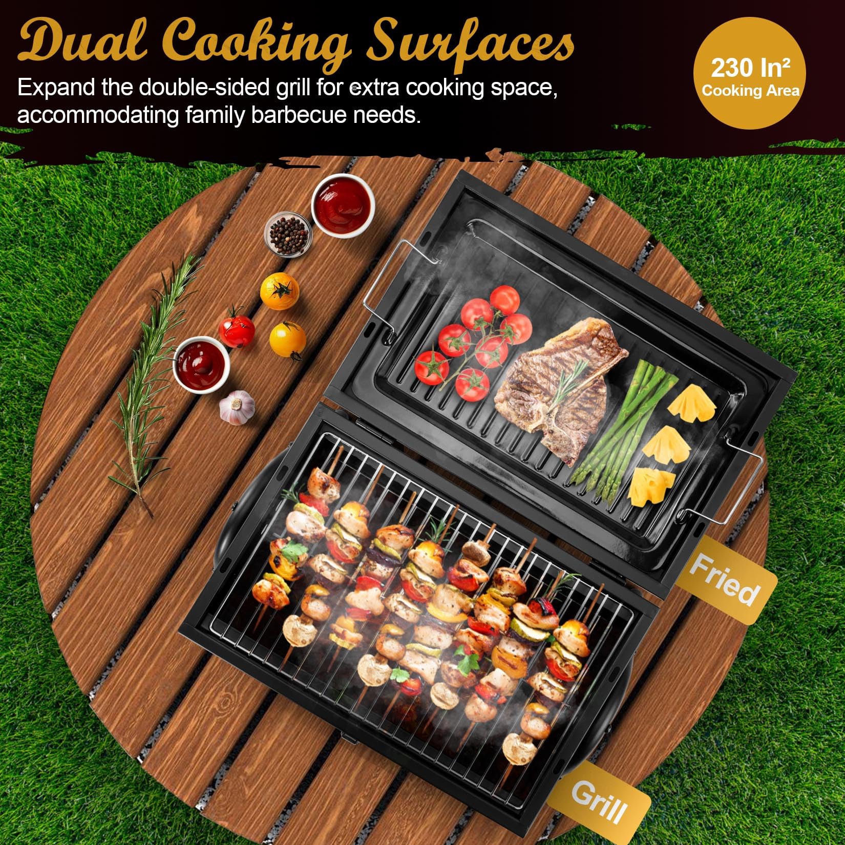 Joyfair Portable Charcoal Grill (2 IN 1 Double-Sided), Small Tabletop Barbecue Grill with Food Tray & Rack for Outdoor Camping Home Patio BBQ Grilling, Heavy Duty & Multi-use, Easy Assembly (230Sq.in) - CookCave