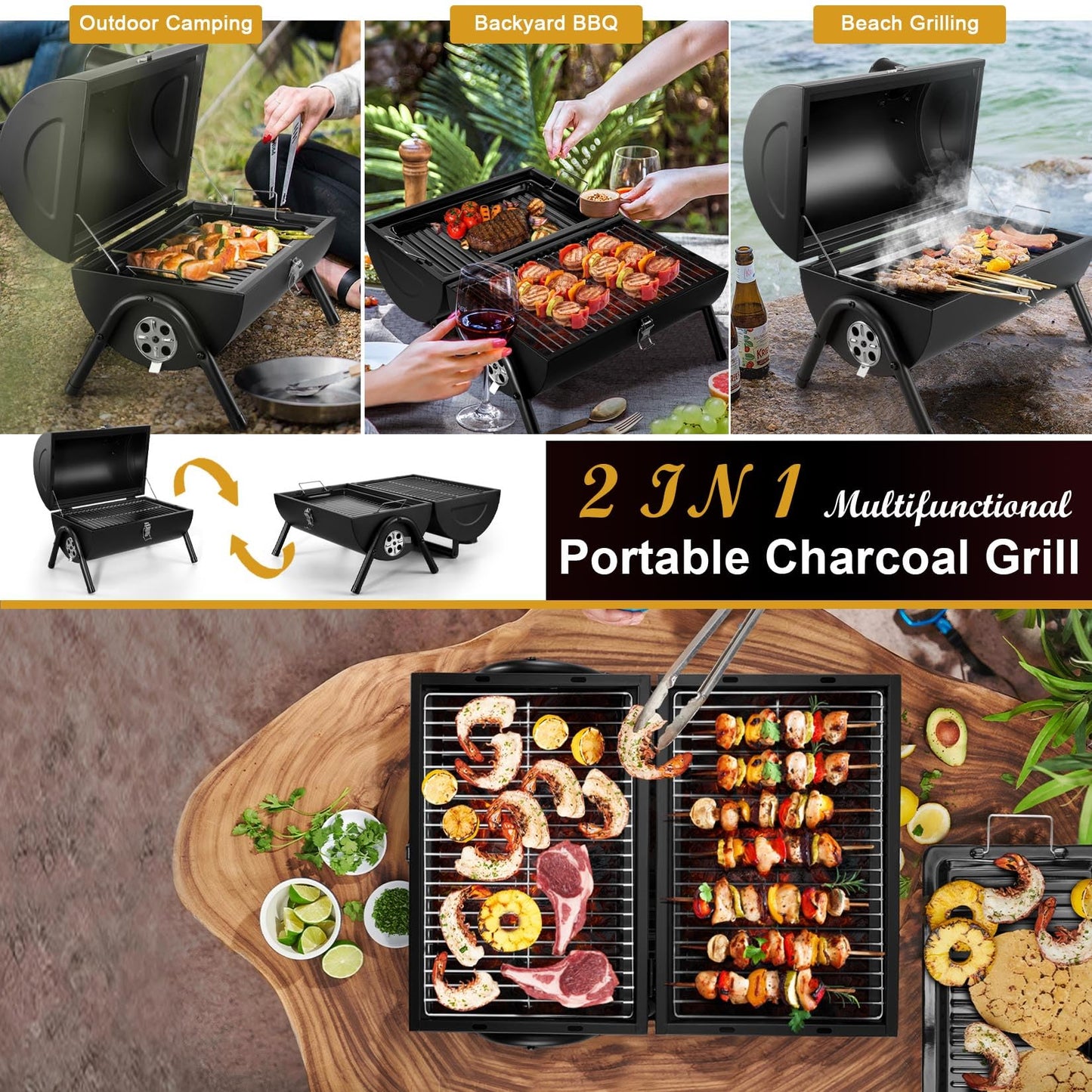 Joyfair Portable Charcoal Grill (2 IN 1 Double-Sided), Small Tabletop Barbecue Grill with Food Tray & Rack for Outdoor Camping Home Patio BBQ Grilling, Heavy Duty & Multi-use, Easy Assembly (230Sq.in) - CookCave