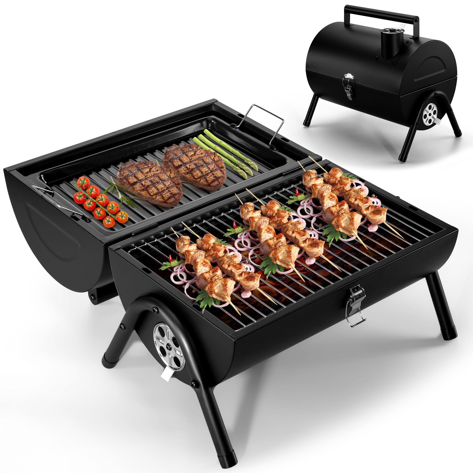 Joyfair Portable Charcoal Grill (2 IN 1 Double-Sided), Small Tabletop Barbecue Grill with Food Tray & Rack for Outdoor Camping Home Patio BBQ Grilling, Heavy Duty & Multi-use, Easy Assembly (230Sq.in) - CookCave