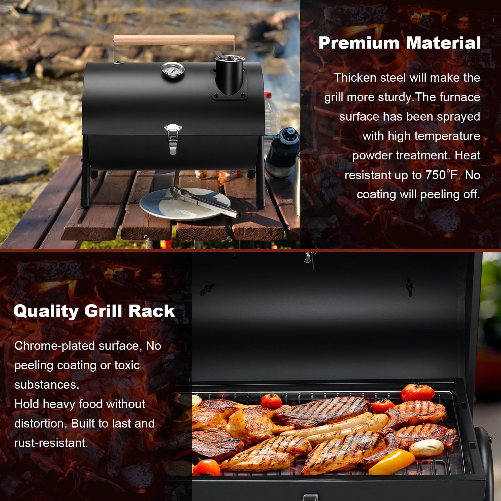 Joyfair Portable Charcoal Grill with Thermometer, Small Tabletop Barbecue Grill for Outdoor Camping Backyard Party BBQ Cooking, Extra Thick Steel & Heavy Duty, Innovative Design & Easy Assembly - CookCave