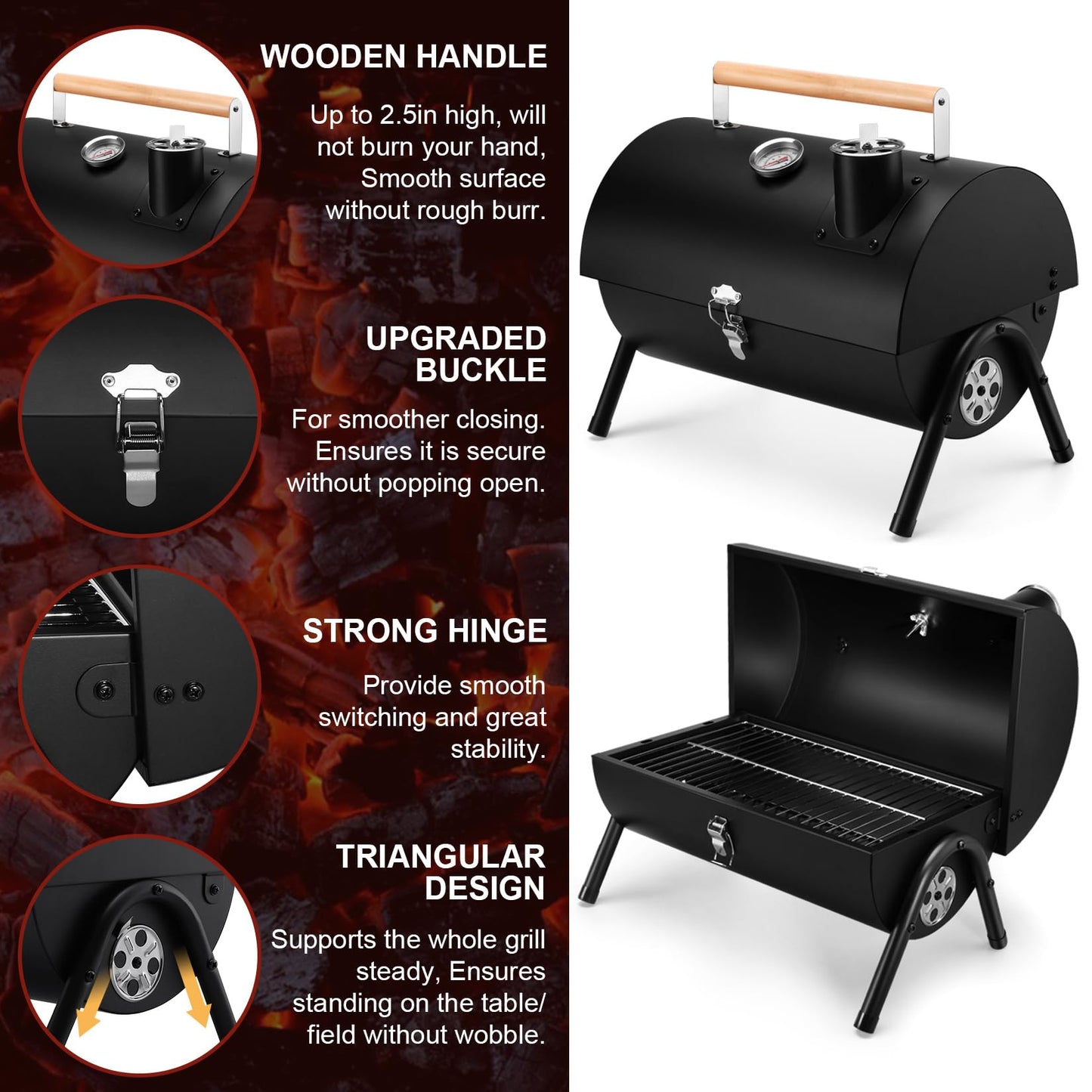 Joyfair Portable Charcoal Grill with Thermometer, Small Tabletop Barbecue Grill for Outdoor Camping Backyard Party BBQ Cooking, Extra Thick Steel & Heavy Duty, Innovative Design & Easy Assembly - CookCave