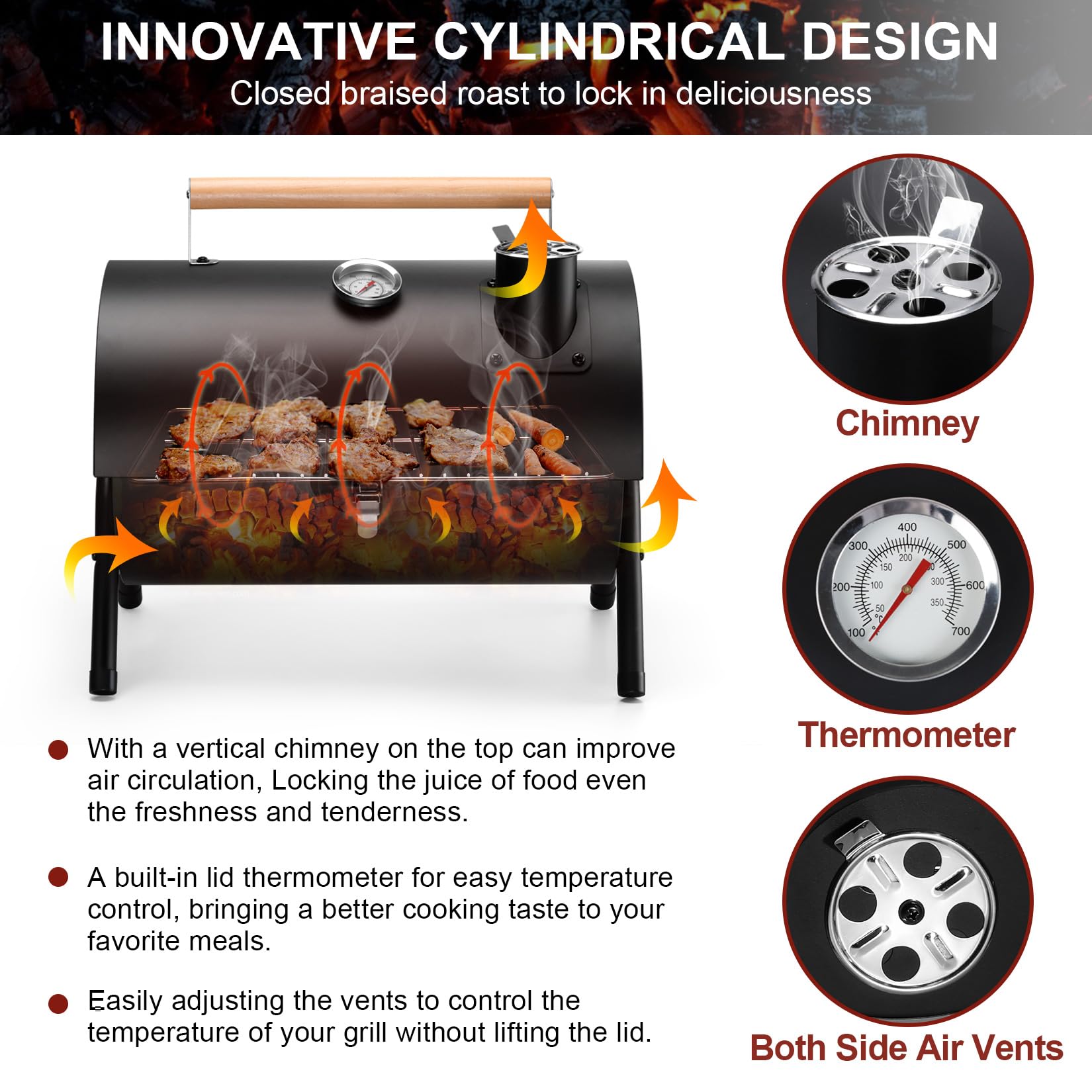 Joyfair Portable Charcoal Grill with Thermometer, Small Tabletop Barbecue Grill for Outdoor Camping Backyard Party BBQ Cooking, Extra Thick Steel & Heavy Duty, Innovative Design & Easy Assembly - CookCave