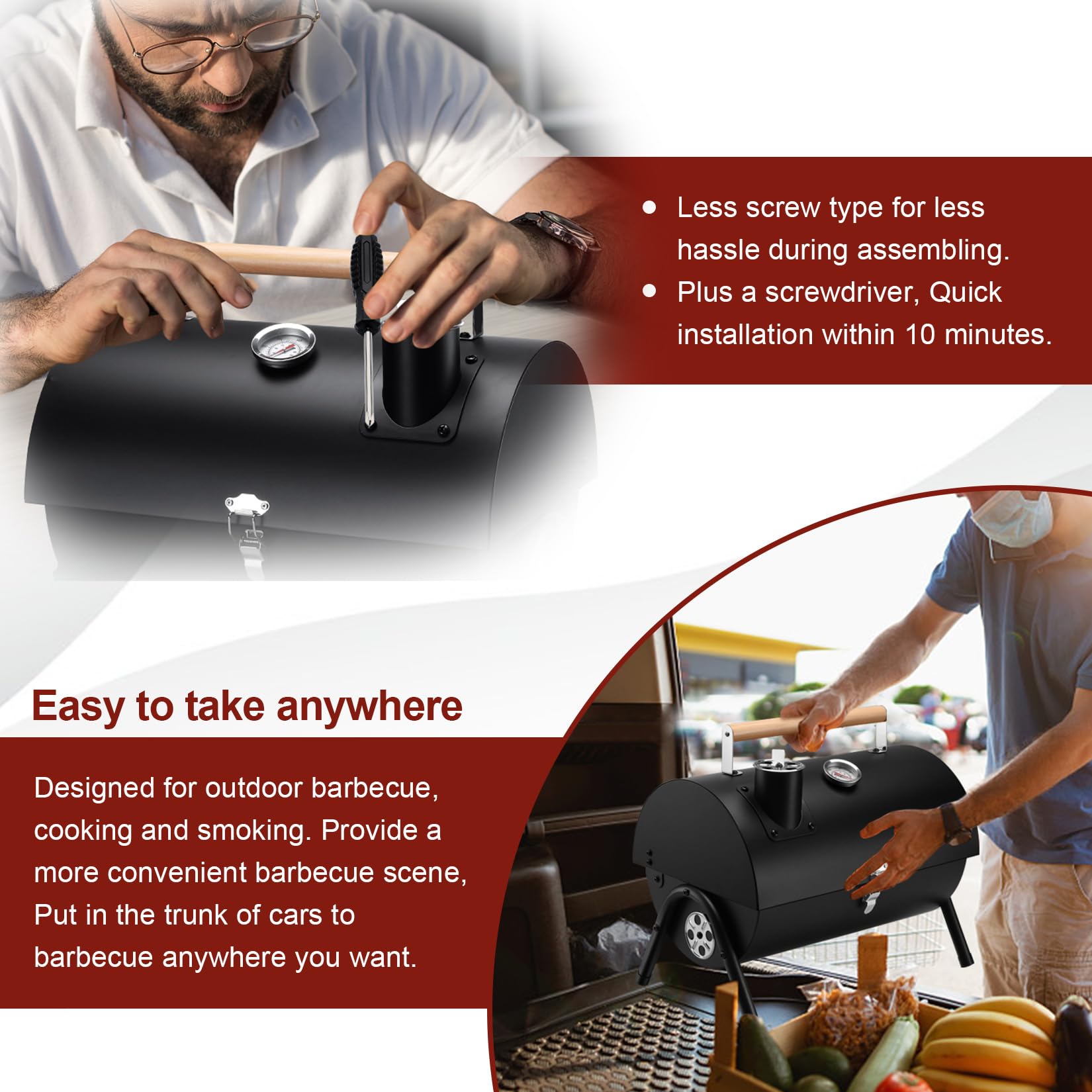 Joyfair Portable Charcoal Grill with Thermometer, Small Tabletop Barbecue Grill for Outdoor Camping Backyard Party BBQ Cooking, Extra Thick Steel & Heavy Duty, Innovative Design & Easy Assembly - CookCave