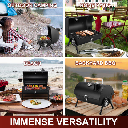 Joyfair Portable Charcoal Grill with Thermometer, Small Tabletop Barbecue Grill for Outdoor Camping Backyard Party BBQ Cooking, Extra Thick Steel & Heavy Duty, Innovative Design & Easy Assembly - CookCave