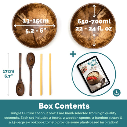 Jungle Culture 2 Polished Coconut Bowl and Wooden Spoons Set with Bamboo Straws • Natural Coconut Smoothie Bowls • Healthy Choice Coco Shell Acai & Buddha Bowls • Eco Friendly Vegan Gifts - CookCave