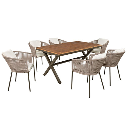 JYH 7 Pieces Patio Dining Set, All-Weather Outdoor Furniture Set with Dining Table and 6 Chairs, Rectangle Acacia Wood Tabletop and Metal Frame Dining Table Chair Set for 6, Beige Cushions - CookCave