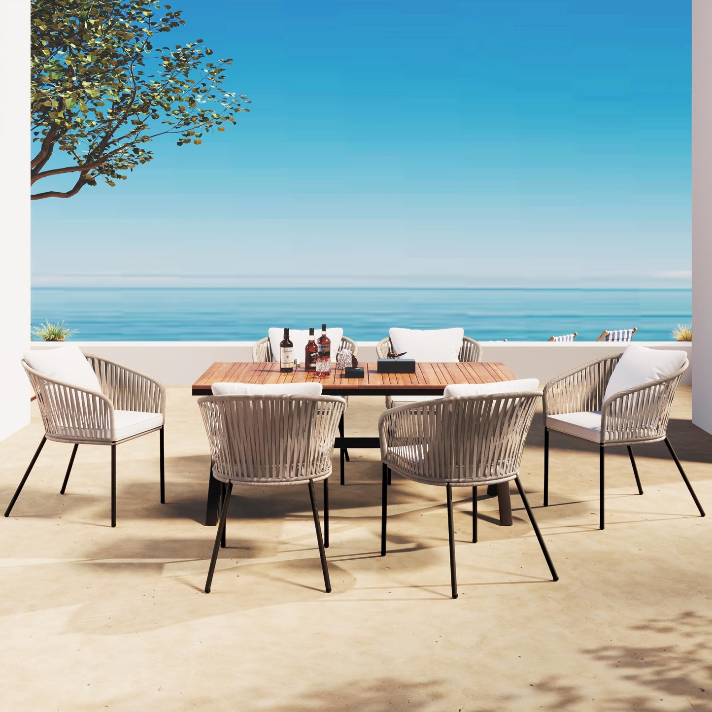 JYH 7 Pieces Patio Dining Set, All-Weather Outdoor Furniture Set with Dining Table and 6 Chairs, Rectangle Acacia Wood Tabletop and Metal Frame Dining Table Chair Set for 6, Beige Cushions - CookCave