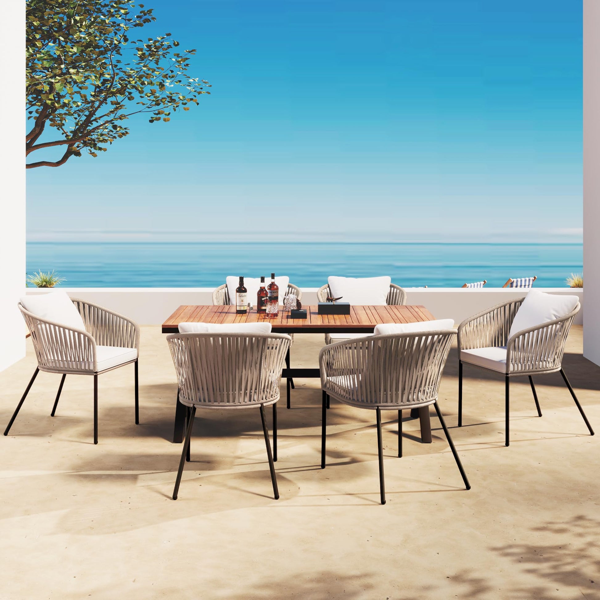 JYH 7 Pieces Patio Dining Set, All-Weather Outdoor Furniture Set with Dining Table and 6 Chairs, Rectangle Acacia Wood Tabletop and Metal Frame Dining Table Chair Set for 6, Beige Cushions - CookCave