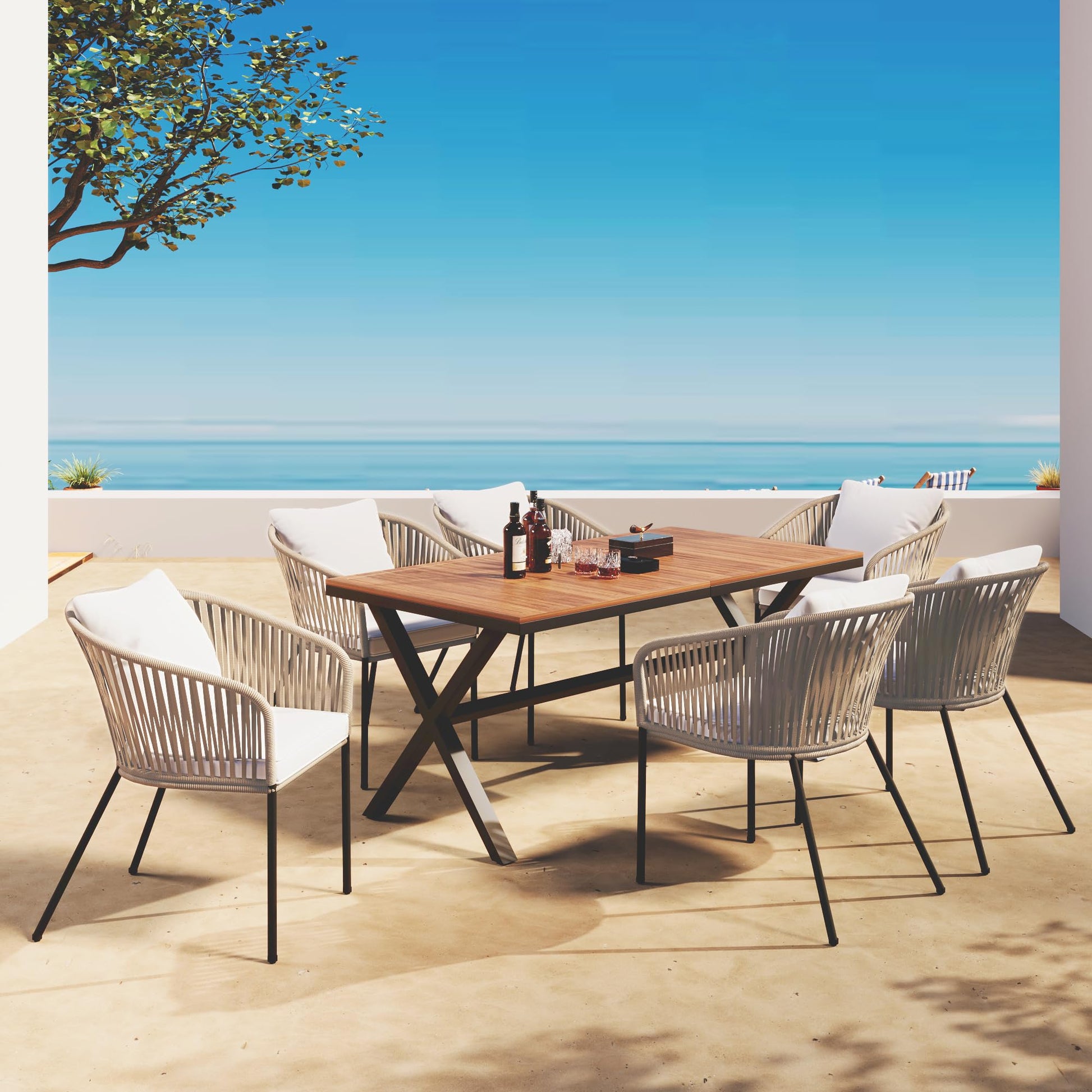JYH 7 Pieces Patio Dining Set, All-Weather Outdoor Furniture Set with Dining Table and 6 Chairs, Rectangle Acacia Wood Tabletop and Metal Frame Dining Table Chair Set for 6, Beige Cushions - CookCave